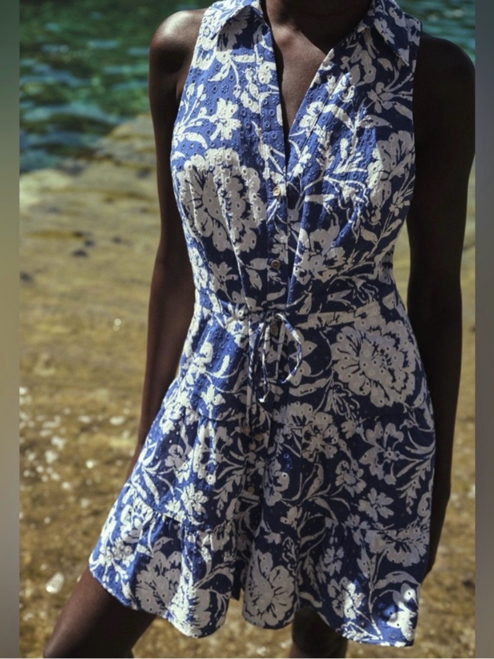 Zara Blue and White Floral Sleeveless Tie-Waist Sundress